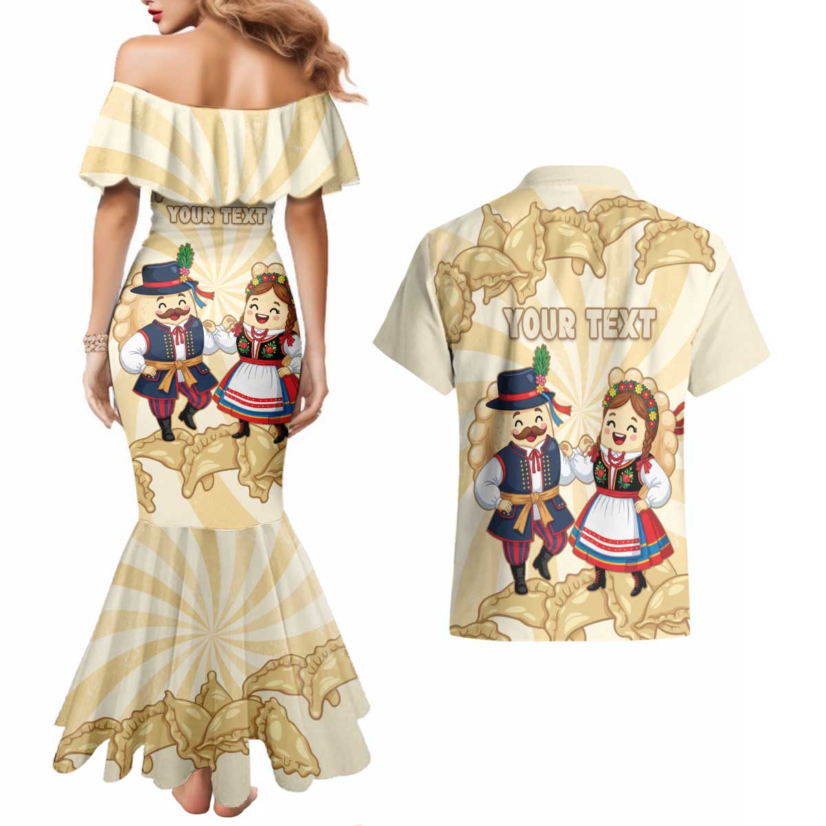 Personalised Pierogi Festival Poland Couples Matching Mermaid Dress and Hawaiian Shirt Polska Dumpling Kocham - Wonder Print Shop