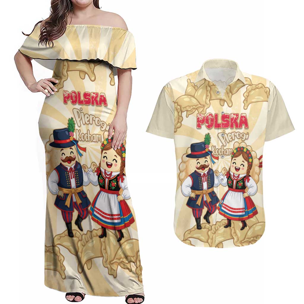 Personalised Pierogi Festival Poland Couples Matching Off Shoulder Maxi Dress and Hawaiian Shirt Polska Dumpling Kocham - Wonder Print Shop