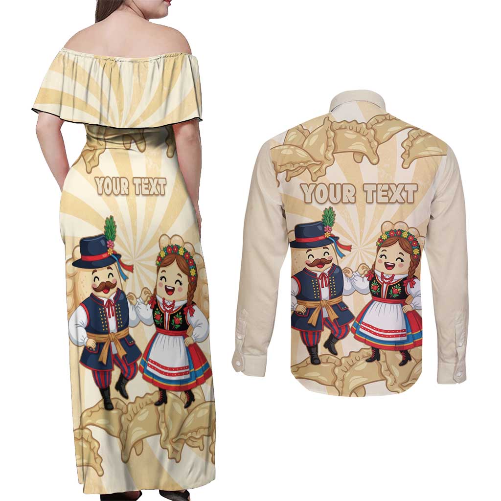 Personalised Pierogi Festival Poland Couples Matching Off Shoulder Maxi Dress and Long Sleeve Button Shirt Polska Dumpling Kocham - Wonder Print Shop
