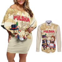 Personalised Pierogi Festival Poland Couples Matching Off Shoulder Short Dress and Long Sleeve Button Shirt Polska Dumpling Kocham - Wonder Print Shop