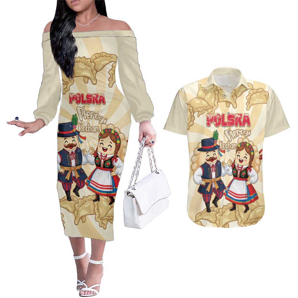 Personalised Pierogi Festival Poland Couples Matching Off The Shoulder Long Sleeve Dress and Hawaiian Shirt Polska Dumpling Kocham - Wonder Print Shop