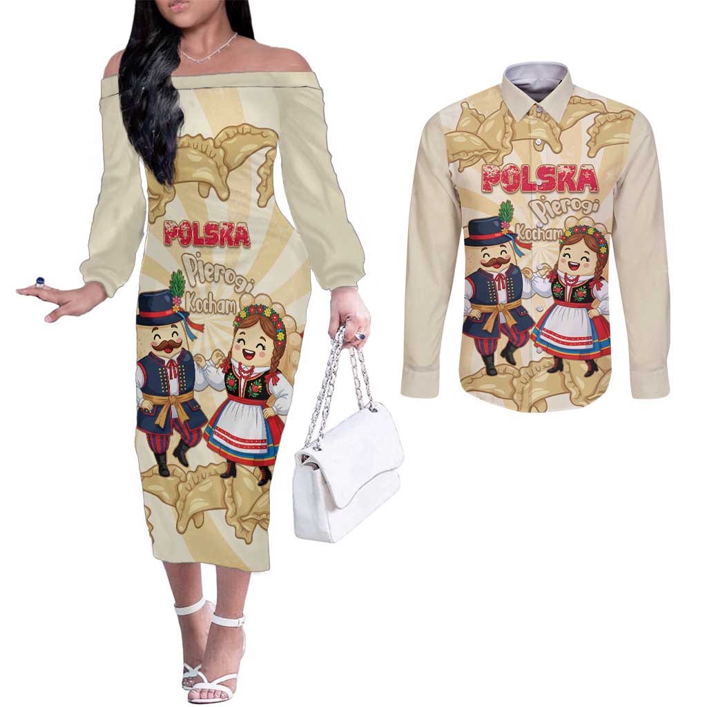Personalised Pierogi Festival Poland Couples Matching Off The Shoulder Long Sleeve Dress and Long Sleeve Button Shirt Polska Dumpling Kocham - Wonder Print Shop