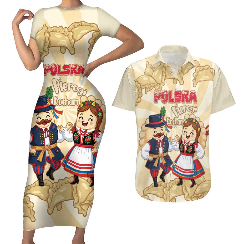Personalised Pierogi Festival Poland Couples Matching Short Sleeve Bodycon Dress and Hawaiian Shirt Polska Dumpling Kocham - Wonder Print Shop