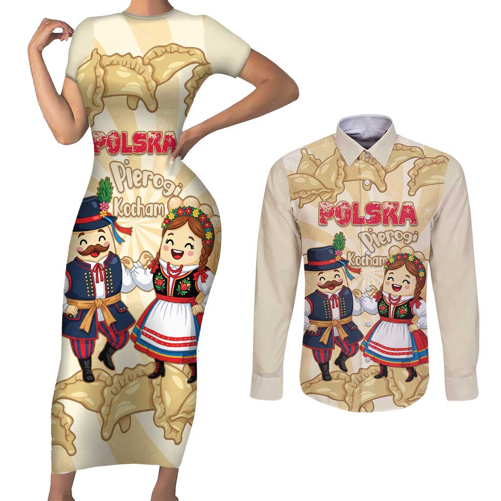 Personalised Pierogi Festival Poland Couples Matching Short Sleeve Bodycon Dress and Long Sleeve Button Shirt Polska Dumpling Kocham - Wonder Print Shop