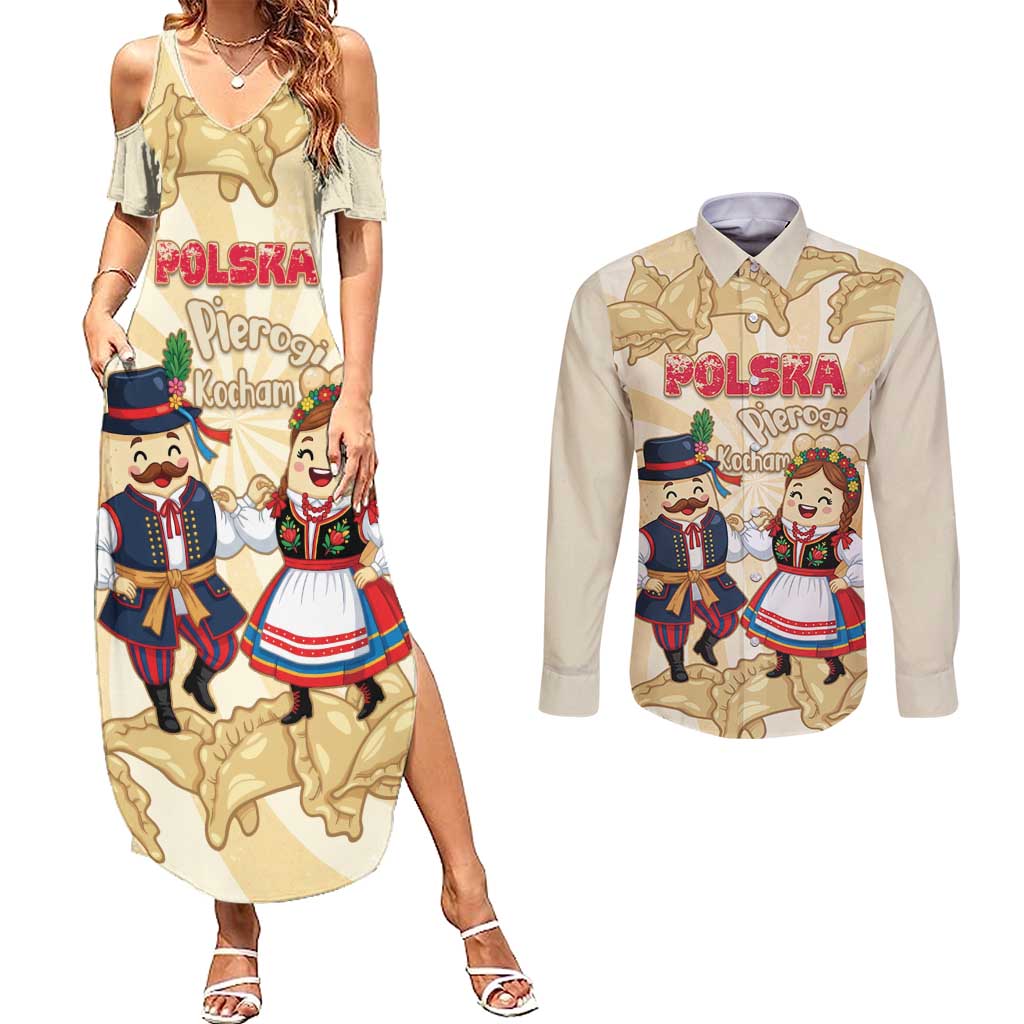 Personalised Pierogi Festival Poland Couples Matching Summer Maxi Dress and Long Sleeve Button Shirt Polska Dumpling Kocham - Wonder Print Shop