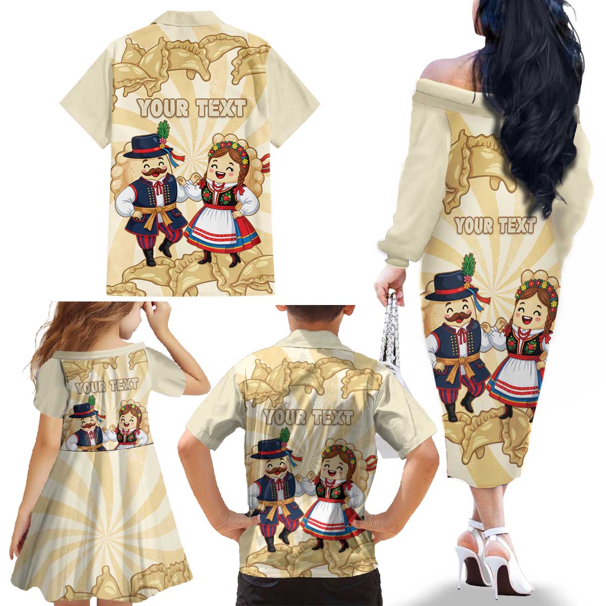 Personalised Pierogi Festival Poland Family Matching Off The Shoulder Long Sleeve Dress and Hawaiian Shirt Polska Dumpling Kocham - Wonder Print Shop