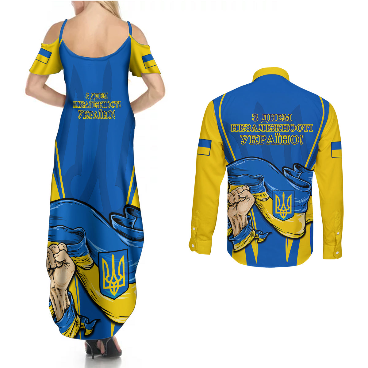 Ukraine Couples Matching Summer Maxi Dress and Long Sleeve Button Shirts Happy Ukrainian 32nd Independence Anniversary - Wonder Print Shop