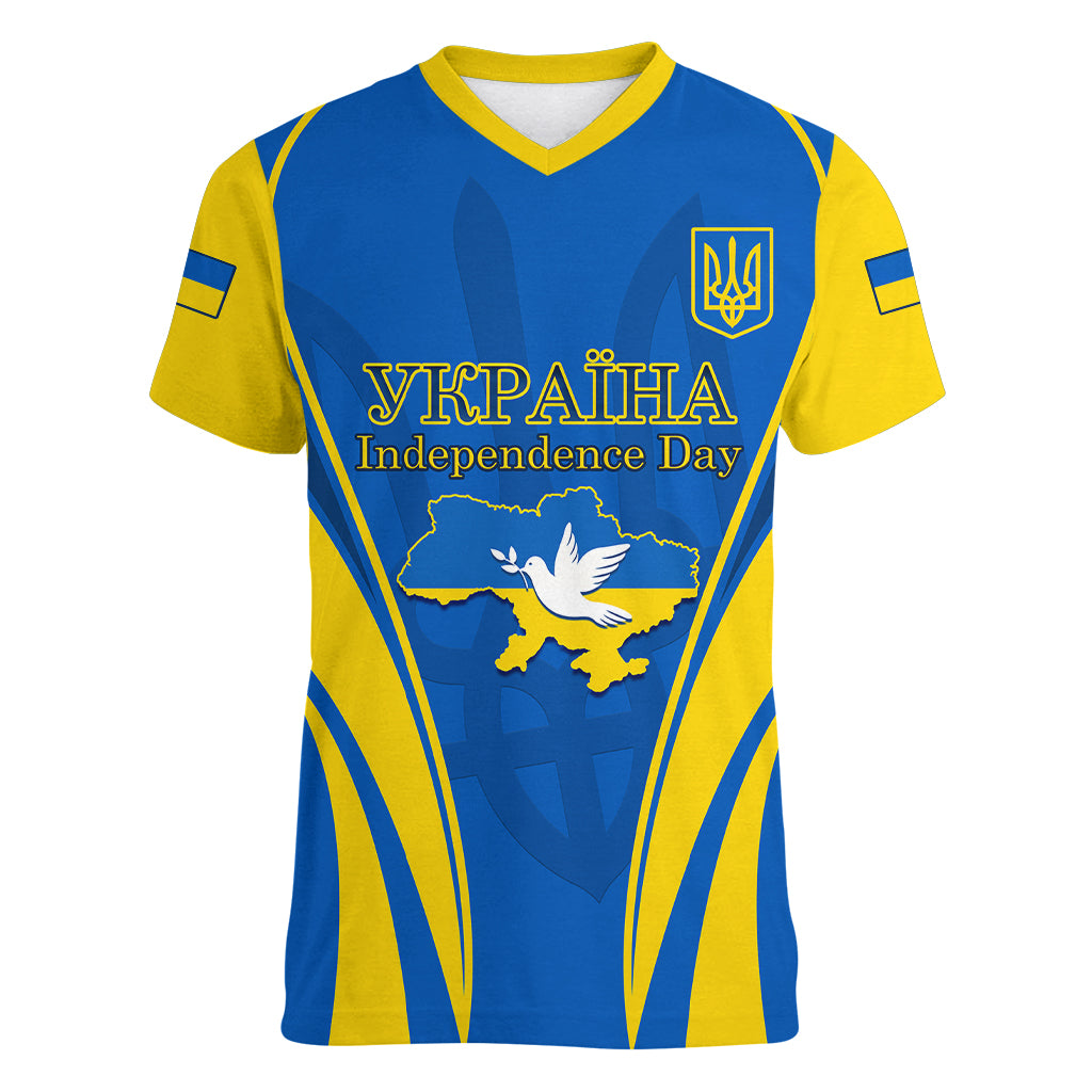 Ukraine Women V Neck T Shirt Happy Ukrainian 32nd Independence Anniversary - Wonder Print Shop