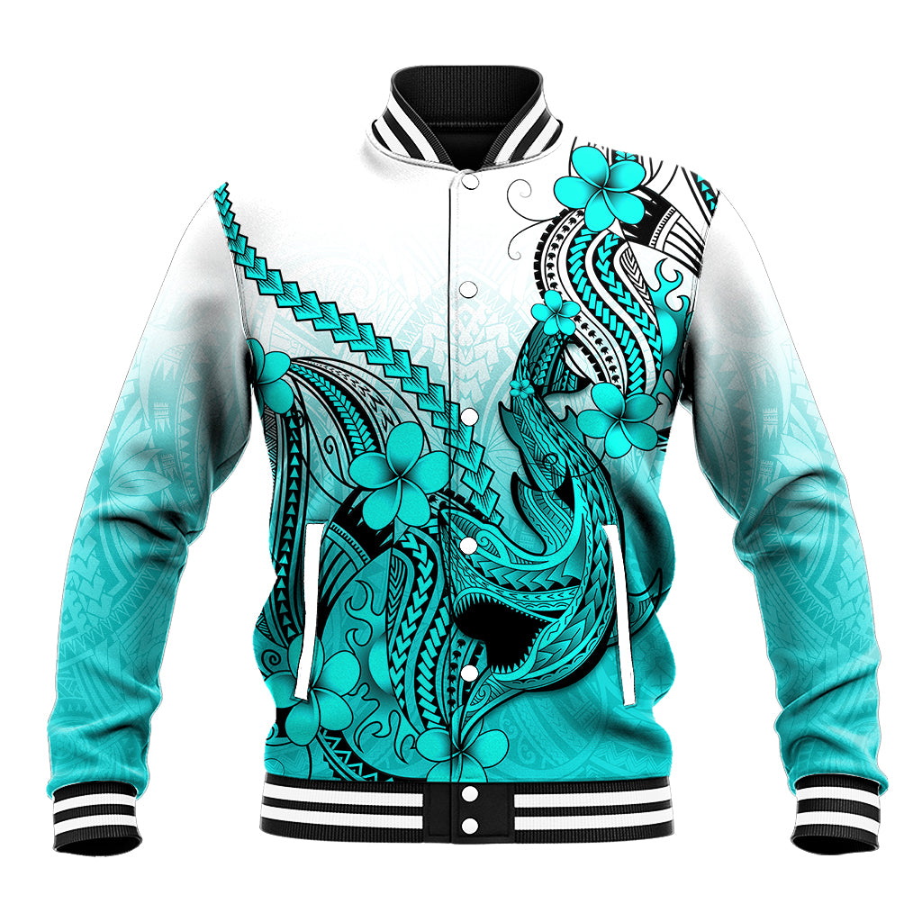 Hawaii Baseball Jacket Polynesian Shark Tattoo With Plumeria Turquoise Gradient - Wonder Print Shop