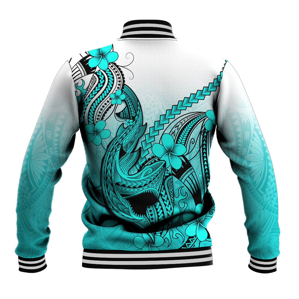 Hawaii Baseball Jacket Polynesian Shark Tattoo With Plumeria Turquoise Gradient - Wonder Print Shop