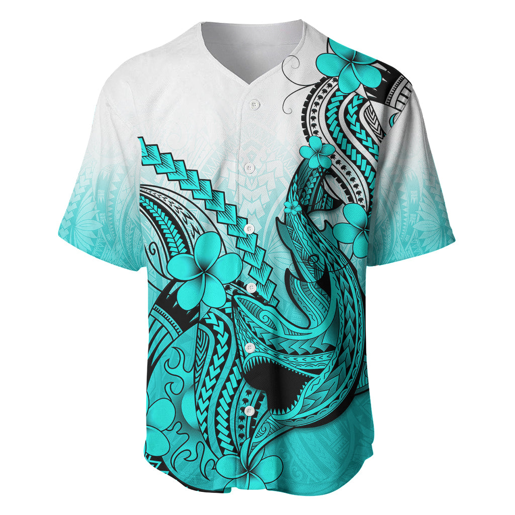 Hawaii Baseball Jersey Polynesian Shark Tattoo With Plumeria Turquoise Gradient - Wonder Print Shop
