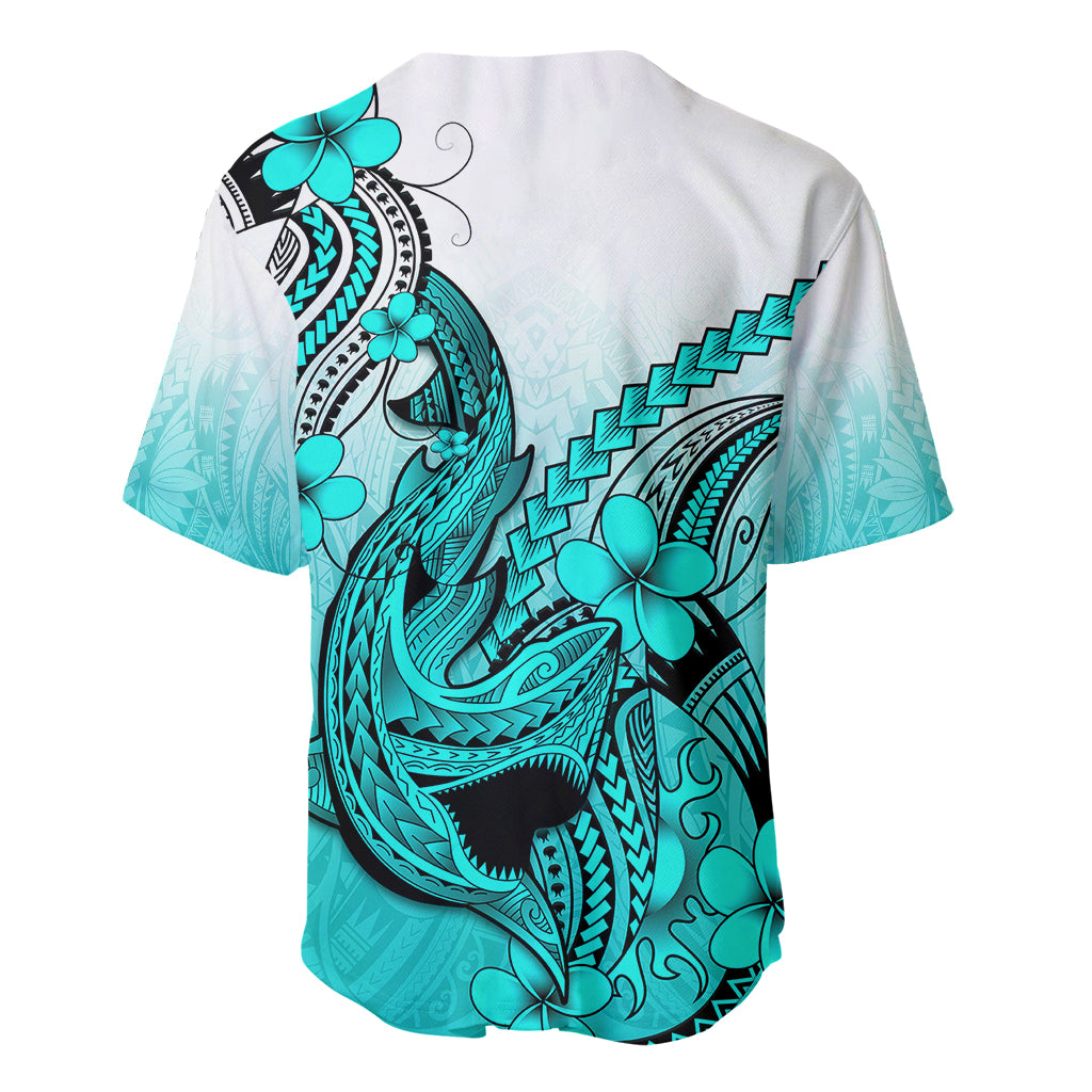 Hawaii Baseball Jersey Polynesian Shark Tattoo With Plumeria Turquoise Gradient - Wonder Print Shop