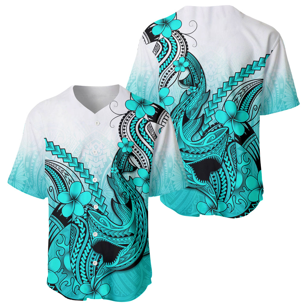 Hawaii Baseball Jersey Polynesian Shark Tattoo With Plumeria Turquoise Gradient - Wonder Print Shop