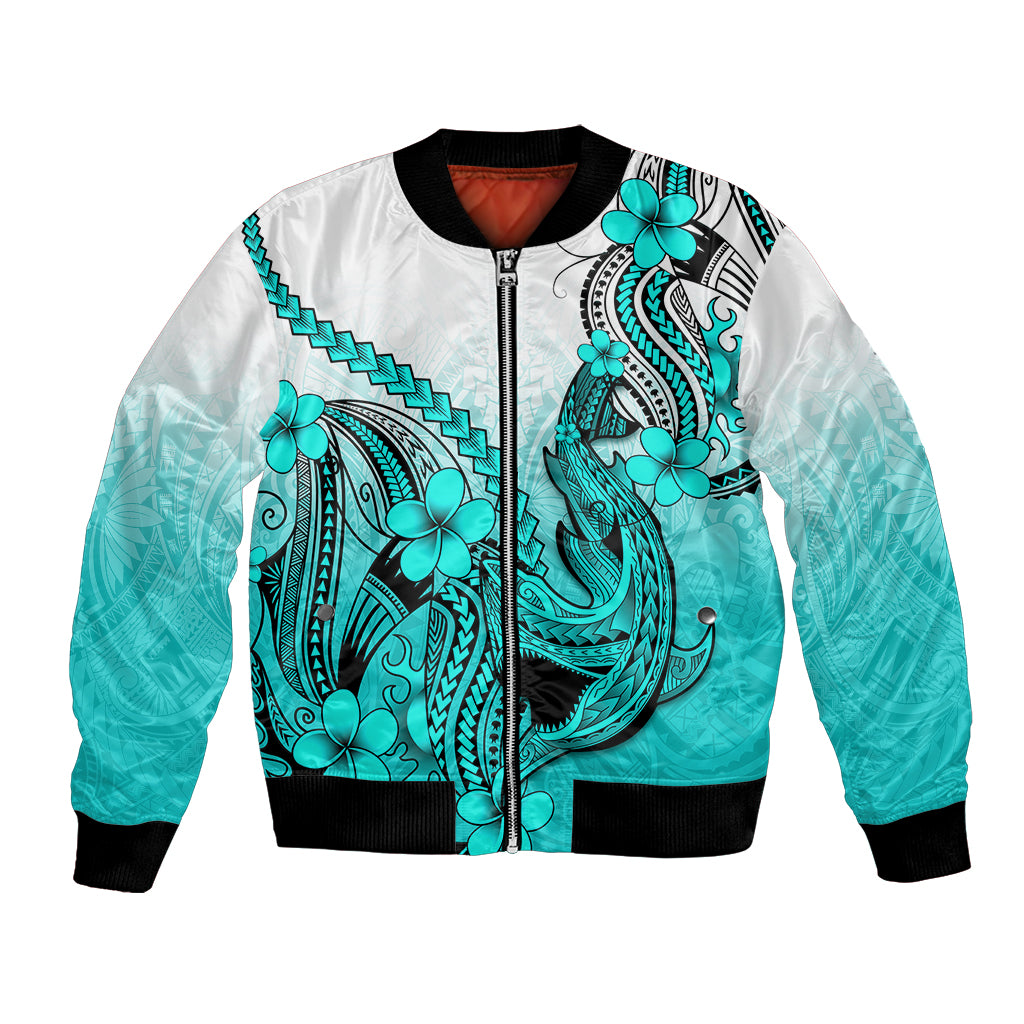 Hawaii Bomber Jacket Polynesian Shark Tattoo With Plumeria Turquoise Gradient - Wonder Print Shop