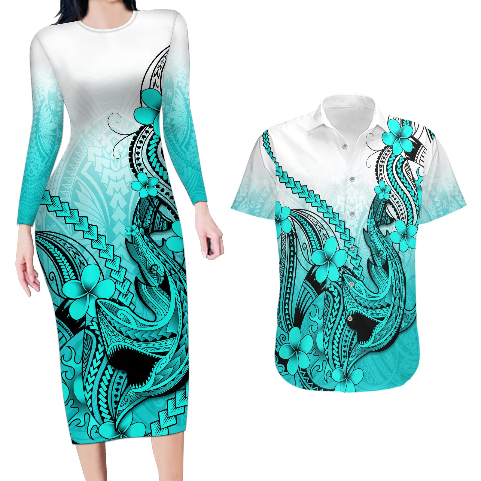 Hawaii Couples Matching Long Sleeve Bodycon Dress and Hawaiian Shirt Polynesian Shark Tattoo With Plumeria Turquoise Gradient - Wonder Print Shop