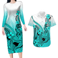 Hawaii Couples Matching Long Sleeve Bodycon Dress and Hawaiian Shirt Polynesian Shark Tattoo With Plumeria Turquoise Gradient - Wonder Print Shop