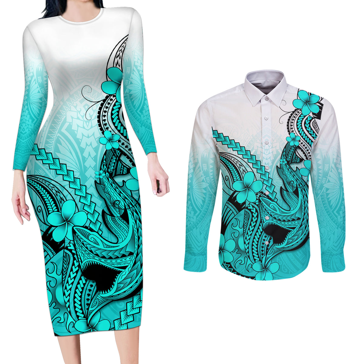 Hawaii Couples Matching Long Sleeve Bodycon Dress and Long Sleeve Button Shirts Polynesian Shark Tattoo With Plumeria Turquoise Gradient - Wonder Print Shop