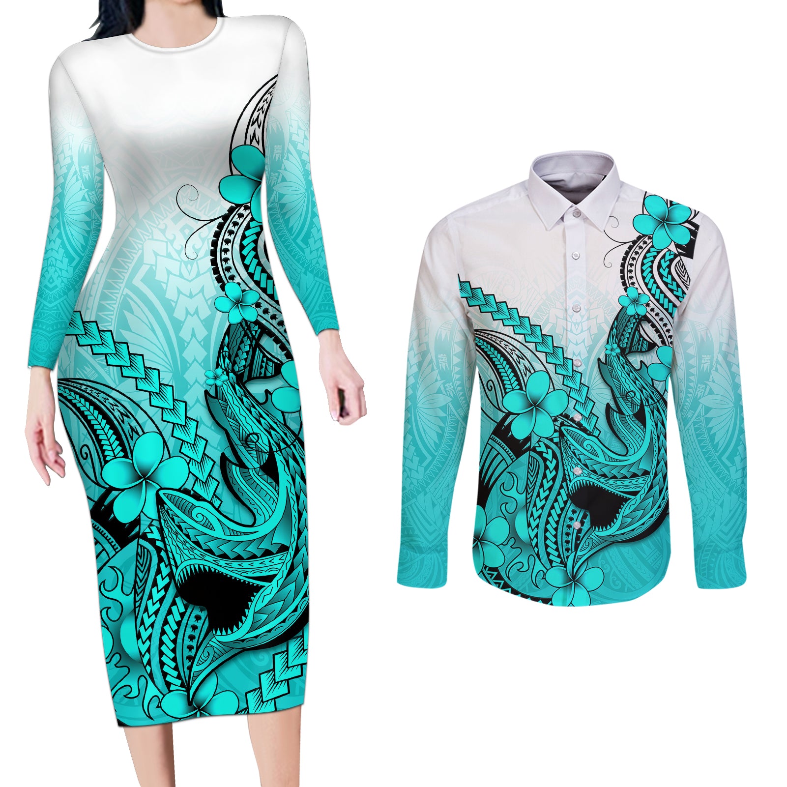 Hawaii Couples Matching Long Sleeve Bodycon Dress and Long Sleeve Button Shirts Polynesian Shark Tattoo With Plumeria Turquoise Gradient - Wonder Print Shop