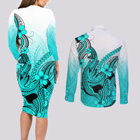 Hawaii Couples Matching Long Sleeve Bodycon Dress and Long Sleeve Button Shirts Polynesian Shark Tattoo With Plumeria Turquoise Gradient - Wonder Print Shop