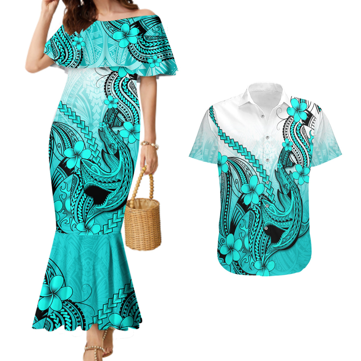 Hawaii Couples Matching Mermaid Dress And Hawaiian Shirt Polynesian Shark Tattoo With Plumeria Turquoise Gradient - Wonder Print Shop