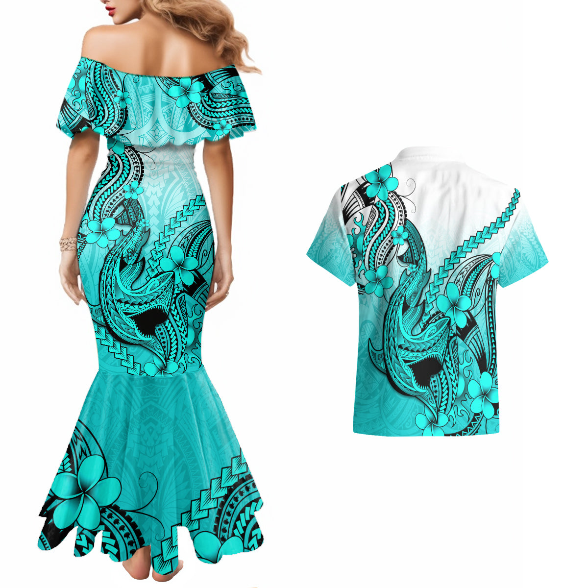 Hawaii Couples Matching Mermaid Dress And Hawaiian Shirt Polynesian Shark Tattoo With Plumeria Turquoise Gradient - Wonder Print Shop