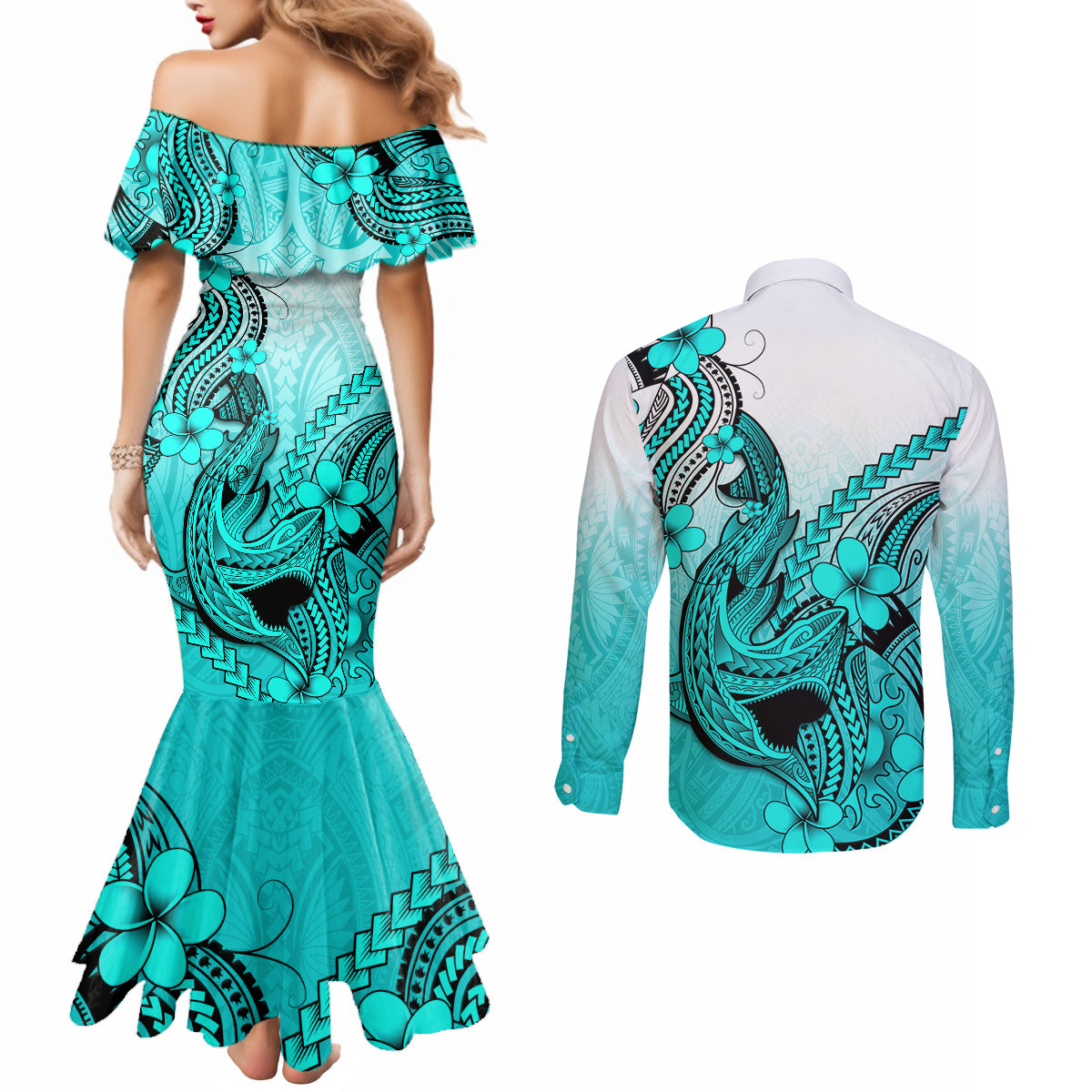 hawaii-couples-matching-mermaid-dress-and-long-sleeve-button-shirts-polynesian-shark-tattoo-with-plumeria-turquoise-gradient