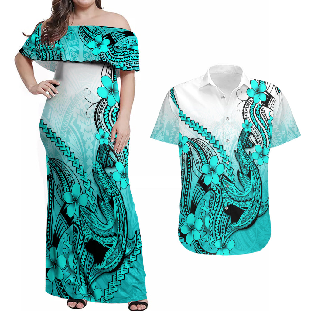 Hawaii Couples Matching Off Shoulder Maxi Dress and Hawaiian Shirt Polynesian Shark Tattoo With Plumeria Turquoise Gradient - Wonder Print Shop