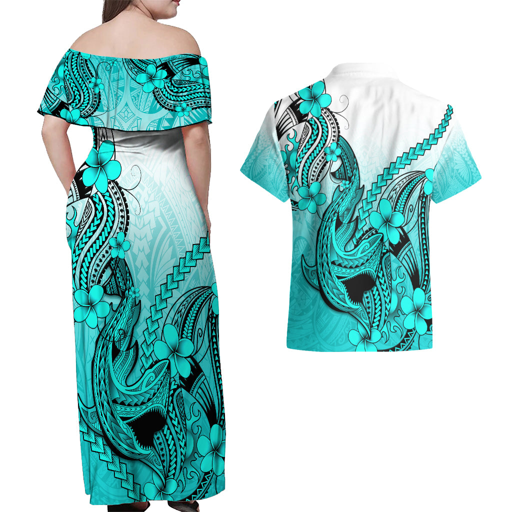 Hawaii Couples Matching Off Shoulder Maxi Dress and Hawaiian Shirt Polynesian Shark Tattoo With Plumeria Turquoise Gradient - Wonder Print Shop