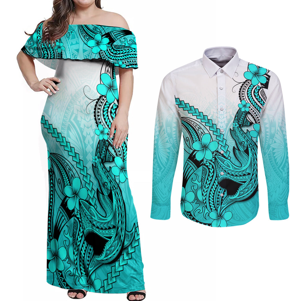Hawaii Couples Matching Off Shoulder Maxi Dress and Long Sleeve Button Shirts Polynesian Shark Tattoo With Plumeria Turquoise Gradient - Wonder Print Shop