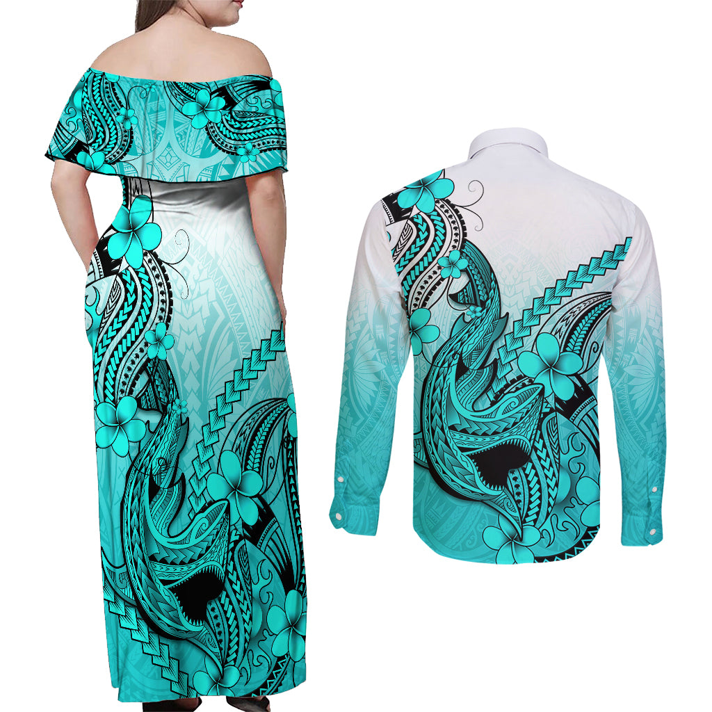 Hawaii Couples Matching Off Shoulder Maxi Dress and Long Sleeve Button Shirts Polynesian Shark Tattoo With Plumeria Turquoise Gradient - Wonder Print Shop