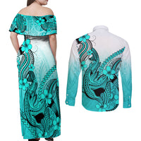 Hawaii Couples Matching Off Shoulder Maxi Dress and Long Sleeve Button Shirts Polynesian Shark Tattoo With Plumeria Turquoise Gradient - Wonder Print Shop