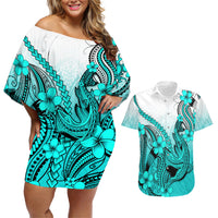 Hawaii Couples Matching Off Shoulder Short Dress and Hawaiian Shirt Polynesian Shark Tattoo With Plumeria Turquoise Gradient - Wonder Print Shop