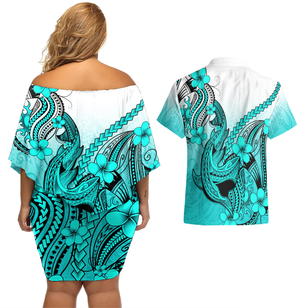 Hawaii Couples Matching Off Shoulder Short Dress and Hawaiian Shirt Polynesian Shark Tattoo With Plumeria Turquoise Gradient - Wonder Print Shop