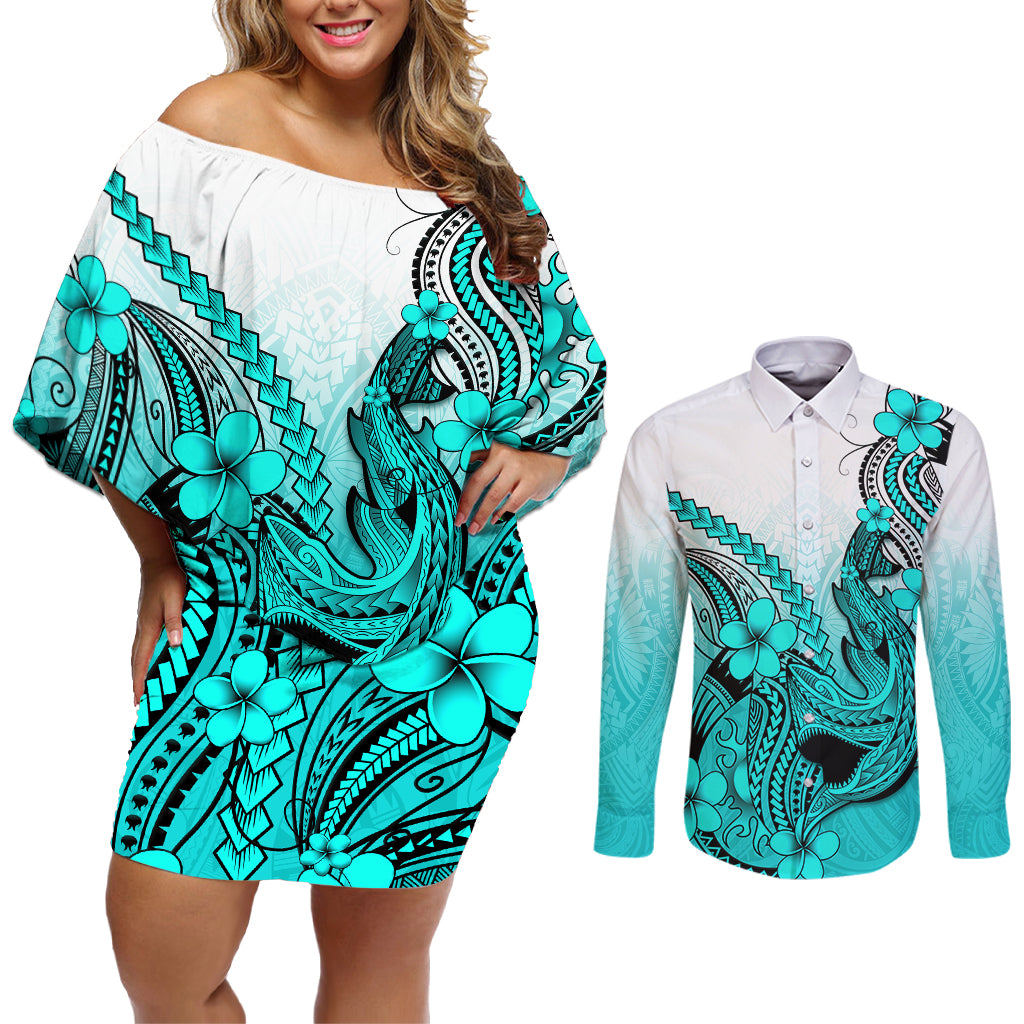Hawaii Couples Matching Off Shoulder Short Dress and Long Sleeve Button Shirts Polynesian Shark Tattoo With Plumeria Turquoise Gradient - Wonder Print Shop