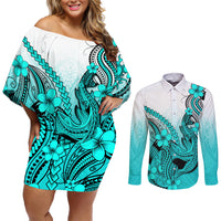 Hawaii Couples Matching Off Shoulder Short Dress and Long Sleeve Button Shirts Polynesian Shark Tattoo With Plumeria Turquoise Gradient - Wonder Print Shop