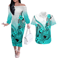 Hawaii Couples Matching Off The Shoulder Long Sleeve Dress and Hawaiian Shirt Polynesian Shark Tattoo With Plumeria Turquoise Gradient - Wonder Print Shop