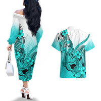 Hawaii Couples Matching Off The Shoulder Long Sleeve Dress and Hawaiian Shirt Polynesian Shark Tattoo With Plumeria Turquoise Gradient - Wonder Print Shop