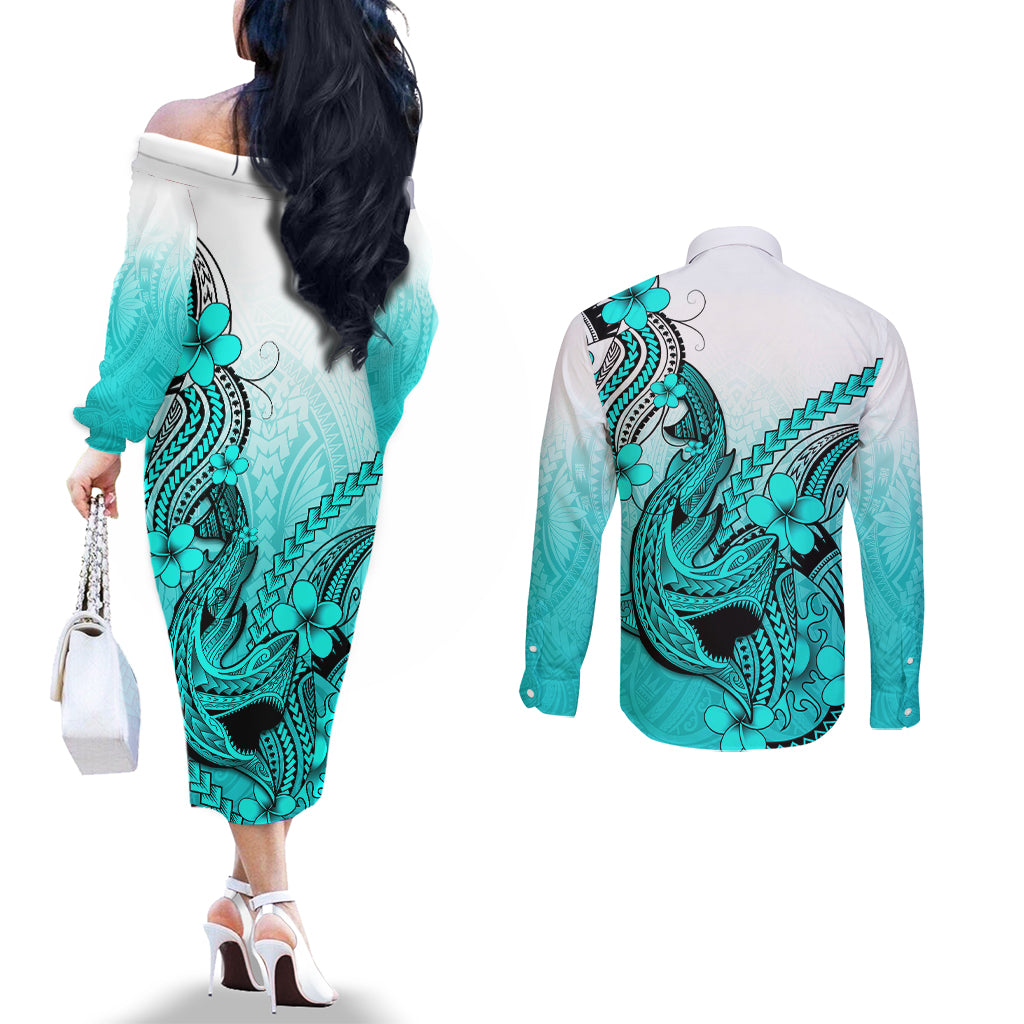 hawaii-couples-matching-off-the-shoulder-long-sleeve-dress-and-long-sleeve-button-shirts-polynesian-shark-tattoo-with-plumeria-turquoise-gradient
