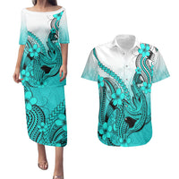 Hawaii Couples Matching Puletasi Dress and Hawaiian Shirt Polynesian Shark Tattoo With Plumeria Turquoise Gradient - Wonder Print Shop