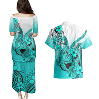 Hawaii Couples Matching Puletasi Dress and Hawaiian Shirt Polynesian Shark Tattoo With Plumeria Turquoise Gradient - Wonder Print Shop