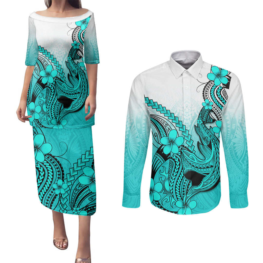 Hawaii Couples Matching Puletasi Dress and Long Sleeve Button Shirts Polynesian Shark Tattoo With Plumeria Turquoise Gradient - Wonder Print Shop