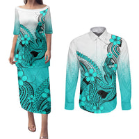Hawaii Couples Matching Puletasi Dress and Long Sleeve Button Shirts Polynesian Shark Tattoo With Plumeria Turquoise Gradient - Wonder Print Shop