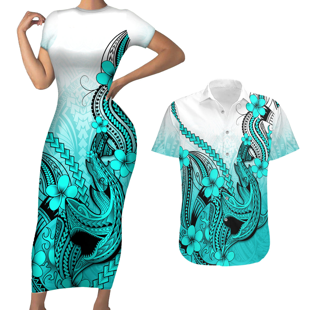 Hawaii Couples Matching Short Sleeve Bodycon Dress and Hawaiian Shirt Polynesian Shark Tattoo With Plumeria Turquoise Gradient - Wonder Print Shop