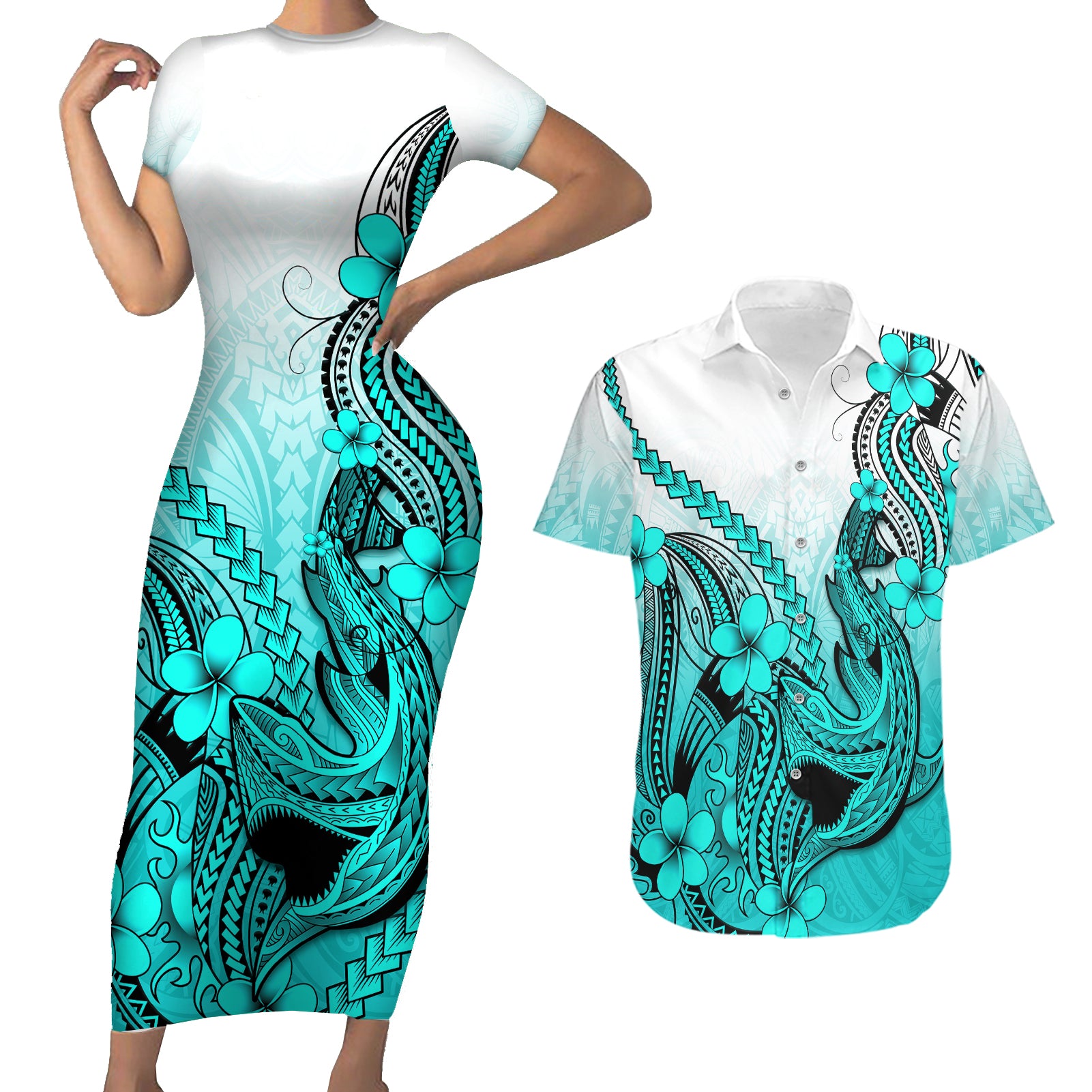 Hawaii Couples Matching Short Sleeve Bodycon Dress and Hawaiian Shirt Polynesian Shark Tattoo With Plumeria Turquoise Gradient - Wonder Print Shop