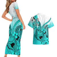 Hawaii Couples Matching Short Sleeve Bodycon Dress and Hawaiian Shirt Polynesian Shark Tattoo With Plumeria Turquoise Gradient - Wonder Print Shop