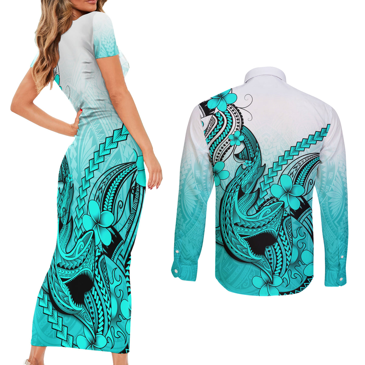 Hawaii Couples Matching Short Sleeve Bodycon Dress and Long Sleeve Button Shirts Polynesian Shark Tattoo With Plumeria Turquoise Gradient - Wonder Print Shop