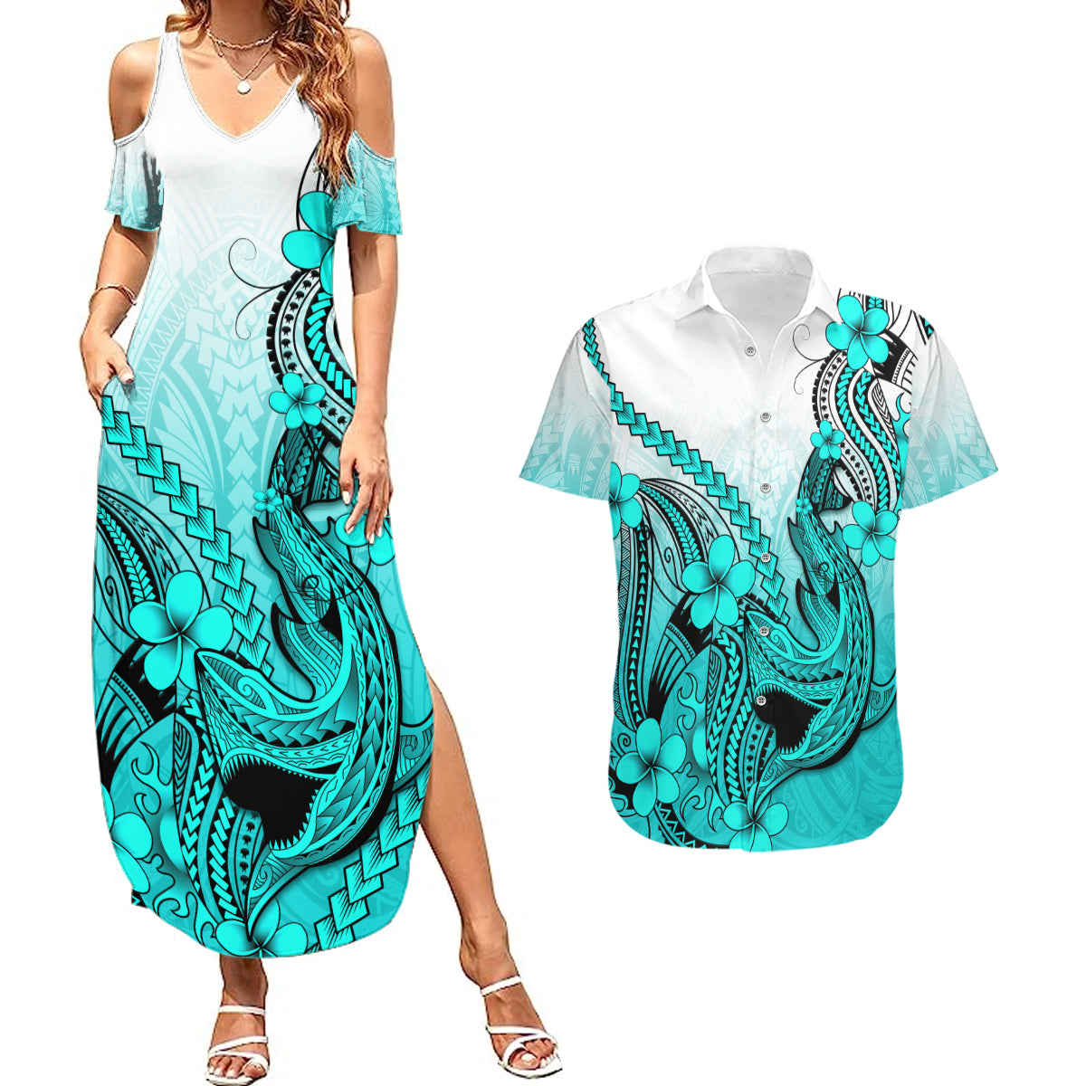 Hawaii Couples Matching Summer Maxi Dress and Hawaiian Shirt Polynesian Shark Tattoo With Plumeria Turquoise Gradient - Wonder Print Shop