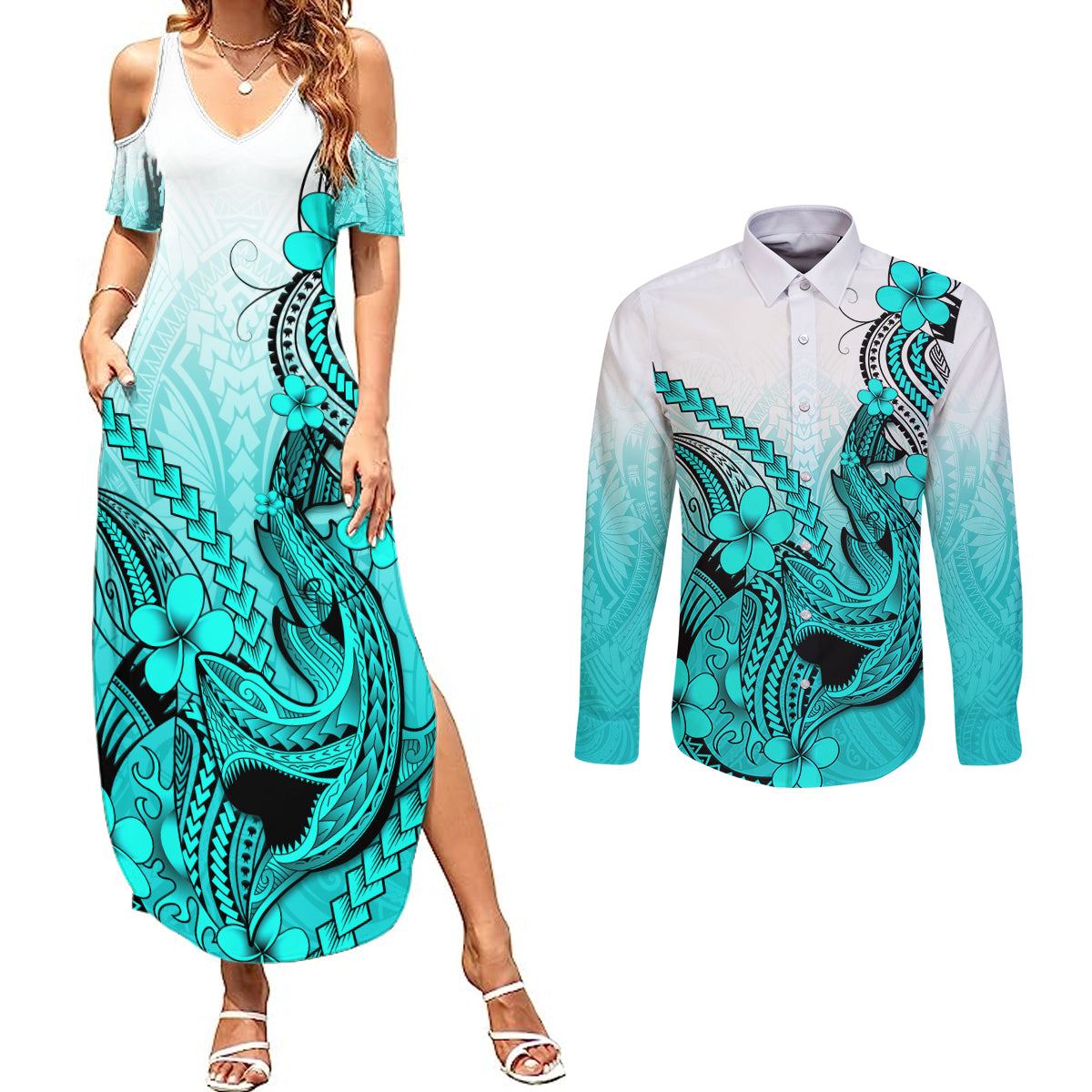 Hawaii Couples Matching Summer Maxi Dress and Long Sleeve Button Shirts Polynesian Shark Tattoo With Plumeria Turquoise Gradient - Wonder Print Shop
