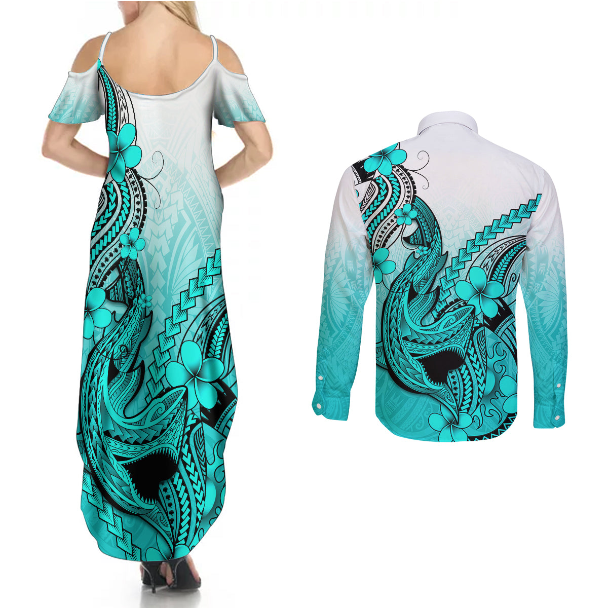 Hawaii Couples Matching Summer Maxi Dress and Long Sleeve Button Shirts Polynesian Shark Tattoo With Plumeria Turquoise Gradient - Wonder Print Shop