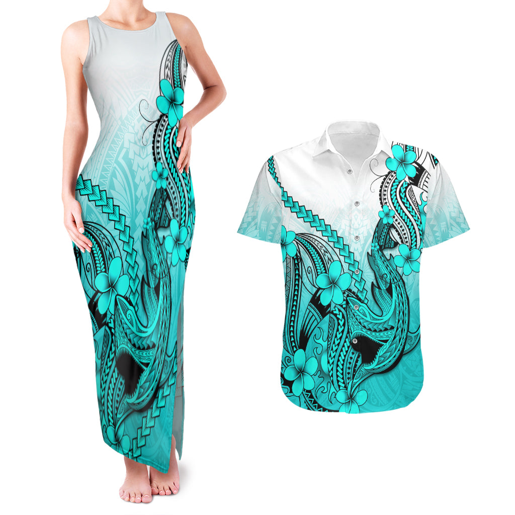 Hawaii Couples Matching Tank Maxi Dress And Hawaiian Shirt Polynesian Shark Tattoo With Plumeria Turquoise Gradient - Wonder Print Shop